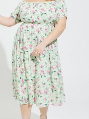 NWT Torrid Retro Chic Midi Gauze Puff Sleeve Skater Dress 4X green pink